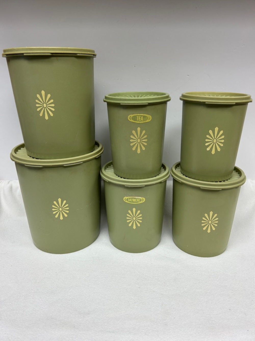 Vintage 1970’s  set of  six olive green TUPPERWARE lidded nesting canisters
